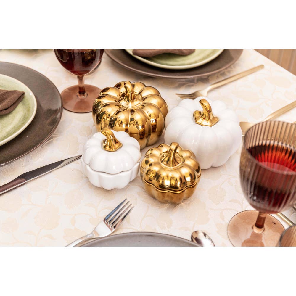 Set de 2 portavelas en forma de calabaza blanca y dorada