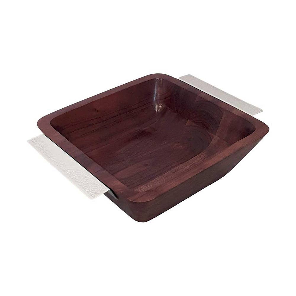 Ensaladera de madera con asas plateadas 25x25x8 cm