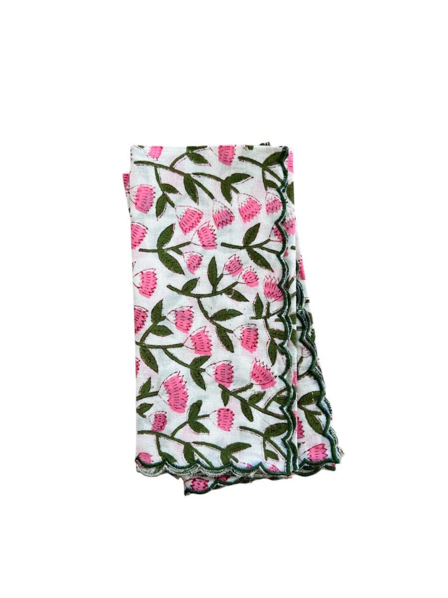 SET 2 SERVILLETAS ALGODÓN BLOCK PRINT CON FESTÓN ONDA BLANCO ROSA