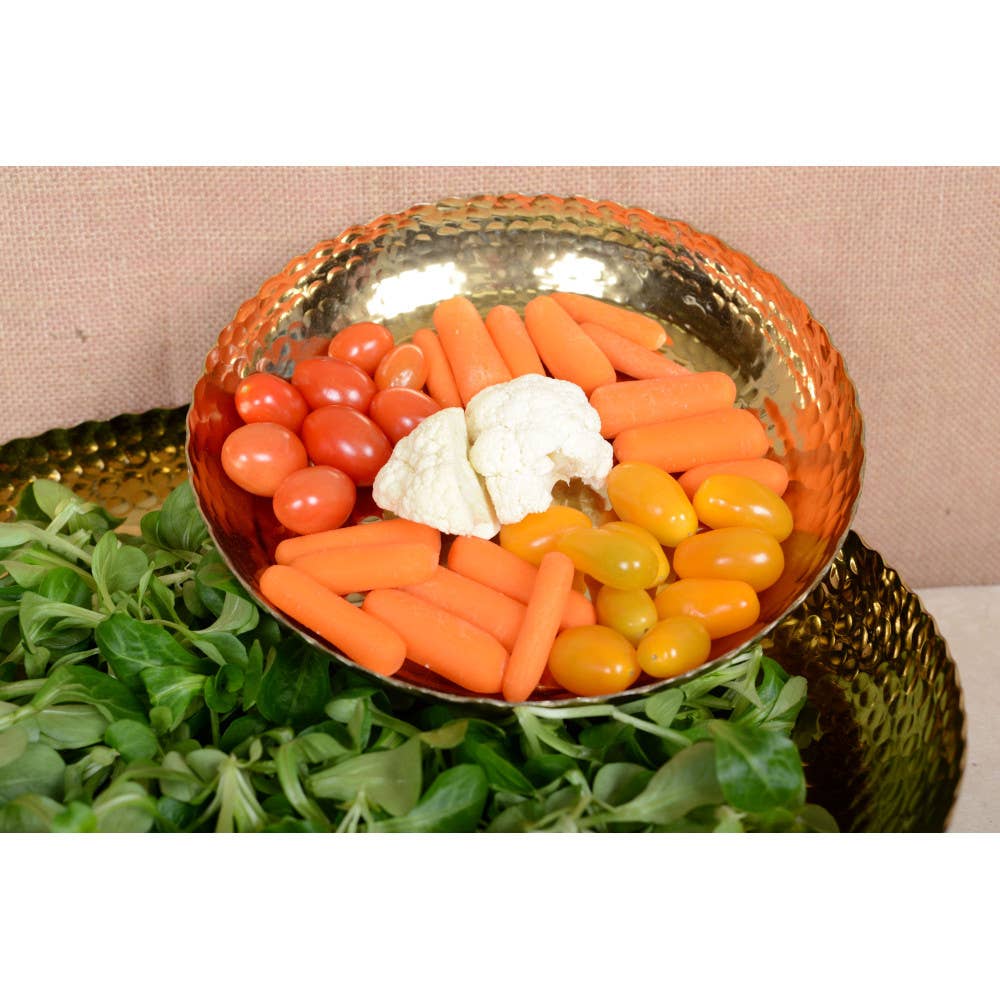 Bandeja redonda de metal dorado martillado con pies redondos 23 cm