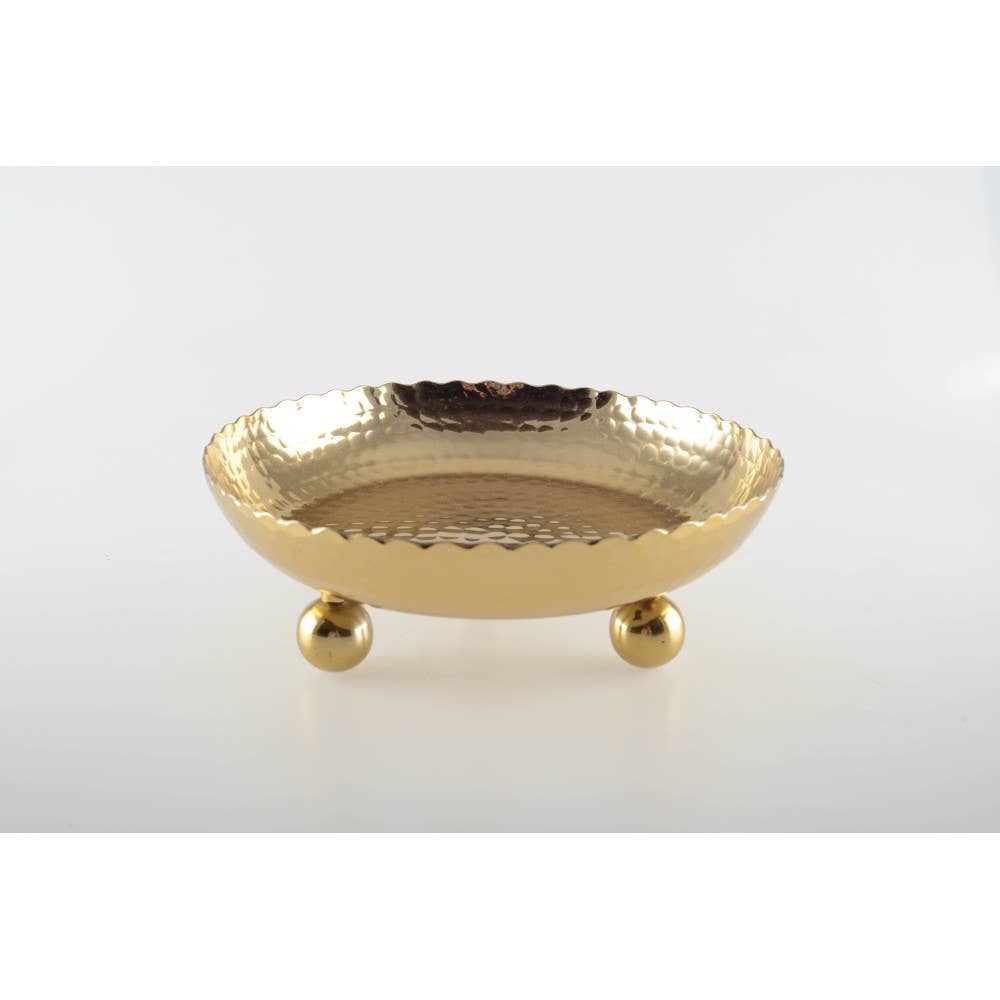 Bandeja redonda de metal dorado martillado con pies redondos 23 cm
