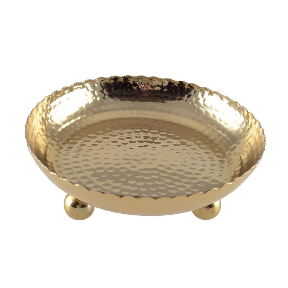 Bandeja redonda de metal dorado martillado con pies redondos 23 cm