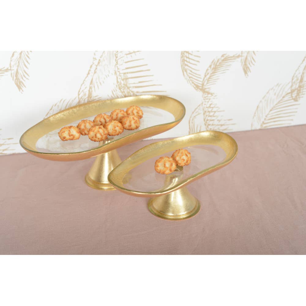 Bandeja para pastel con bordes dorados sobre pie modelo pequeño 27.5x14.5x10cm