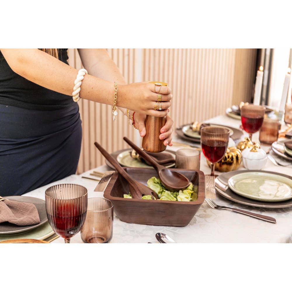 Ensaladera de madera con asas plateadas 25x25x8 cm