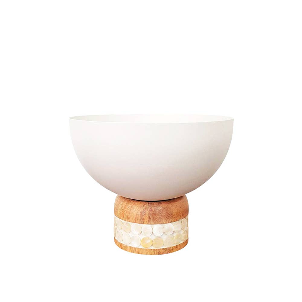 Copa de frutas blanca sobre pie de madera modelo pequeño